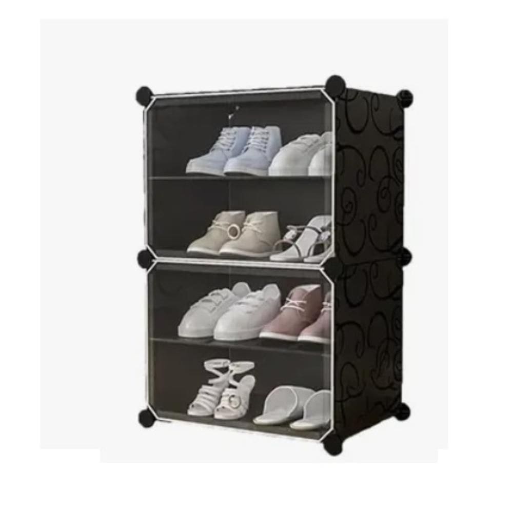Armario Organizador Modular 2 Portas Multifuncional Sapateira Porta Treco Roupas 4 Prateleiras Preto