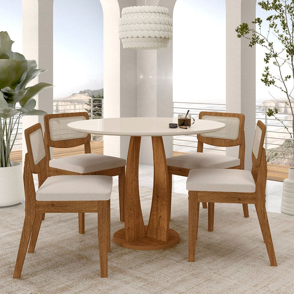 Mesa Redonda Camogli 4 Cadeiras Sextavadas Freijó/off/bouclé Off - M.a