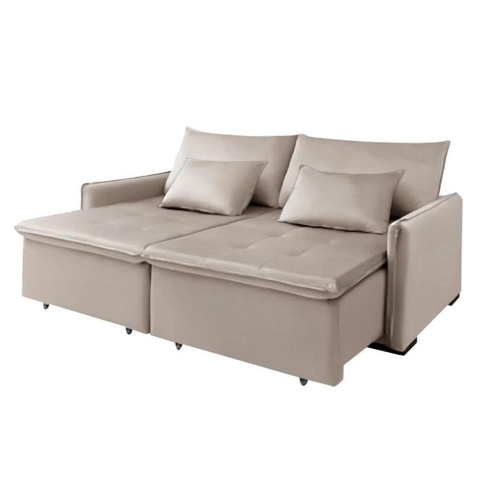 Sofá Cama 2 Lugares New Roma Mts Retrátil Veludo Bege Com Pillow