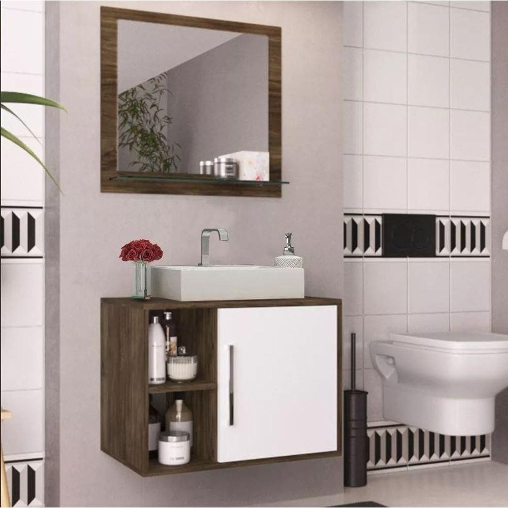 Conjunto De Banheiro Completo – Balcão, Painel E Cuba - Carvalho/Branco