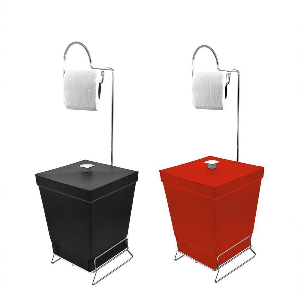 Kit 2 Lixeiras Com Suporte De Papel Higiênico - Stolf Preto + Vermelho