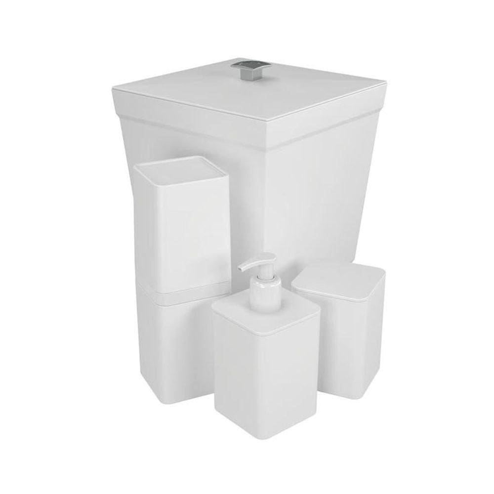 Kit Banheiro 4 Peças Lixeira Dispenser Porta Escova E Porta Algodão - Stolf Branco