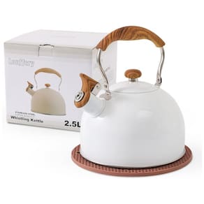 Chaleira de Chá 2.5 Litros em Aço Inoxidável com Apito e Alça de Madeira, LONFFERY, Branca