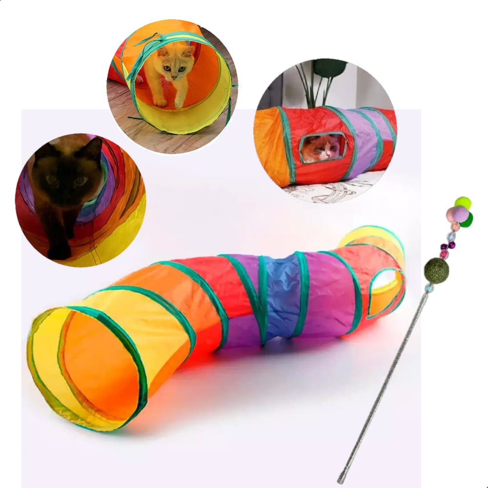 Túnel colorido com Varinha para gato brinquedo sino bolinha animais pequenos coelho cachorro 1,20m