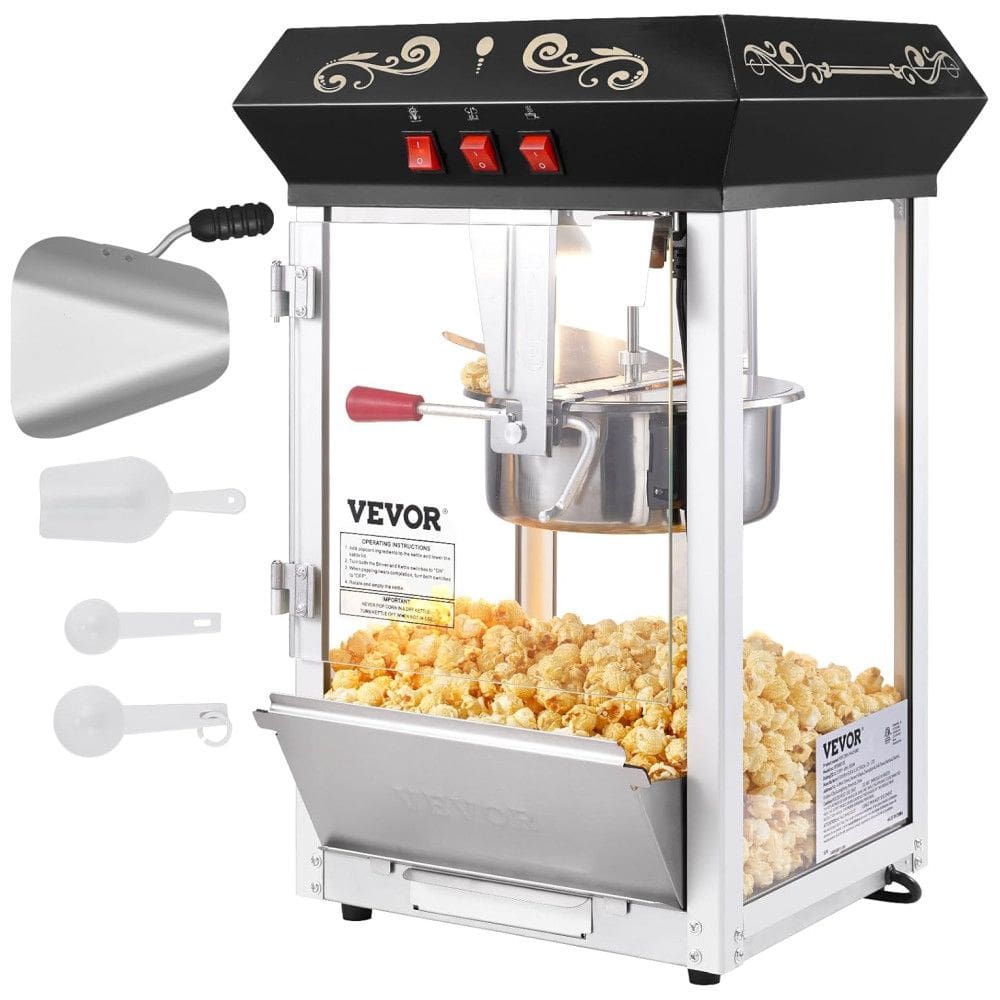 Pipoqueira VEVOR, 850W, Milho por Fornada, Faz 48 Copos, Design de Cinema, Vidro Temperado e 4 Conchas Inclusas - Preta