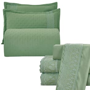 Kit Coordenado Grécia Cobre Leito + Jogo de Cama Casal Padrão Bordado Inglês 300 Fios - 7 Peças - Verde