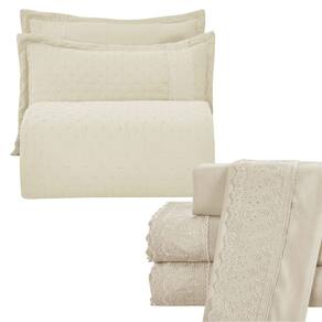 Kit Coordenado Grécia Cobre Leito + Jogo de Cama King Bordado Inglês 300 Fios - 7 Peças - Bege