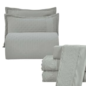 Kit Coordenado Grécia Cobre Leito + Jogo de Cama Casal Padrão Bordado Inglês 300 Fios - 7 Peças - Cinza