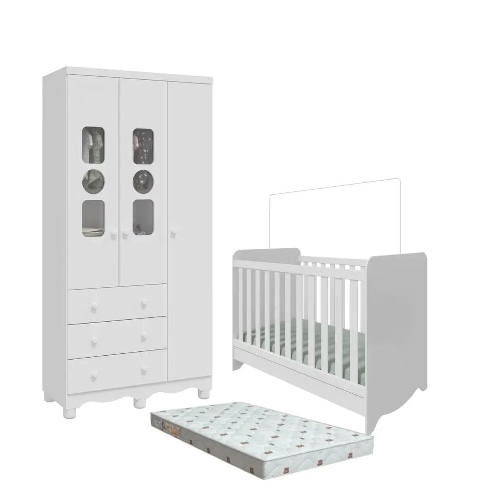 Quarto Bebe Berço e Guarda Roupa Dorabelly Dyte 3Pt MDF + colchão