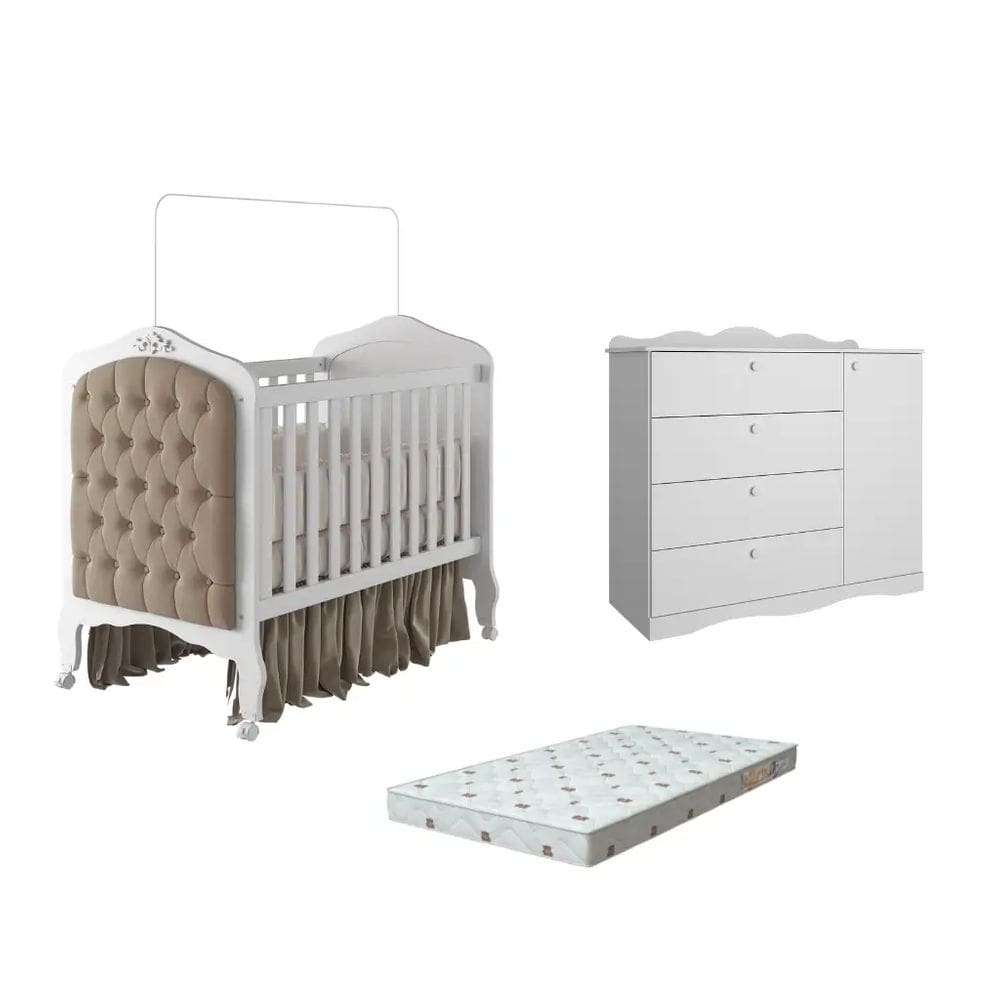 Quarto Bebe Berço e Cômoda MDF Canto Dorabelly +Colchão e Capitonê