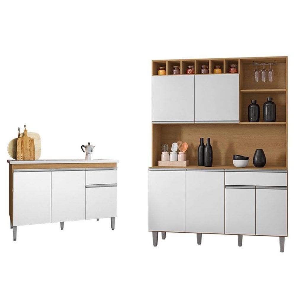 Balcão de Pia Tatiane 120cm e Armário Cozinha Kit Alice Amêndoa Branco - AJL