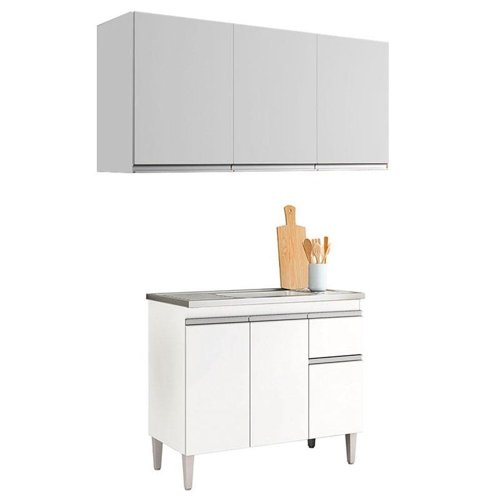 Balcão de Pia Tatiane 100cm e Armário Aéreo Andréia 3 Portas Branco Brilho - AJL