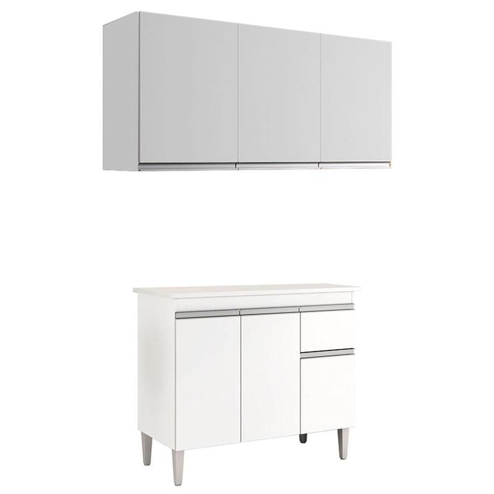 Balcão de Cozinha Tatiane com Tampo 100cm e Armário Aéreo Andréia 3 Portas Branco Brilho - AJL