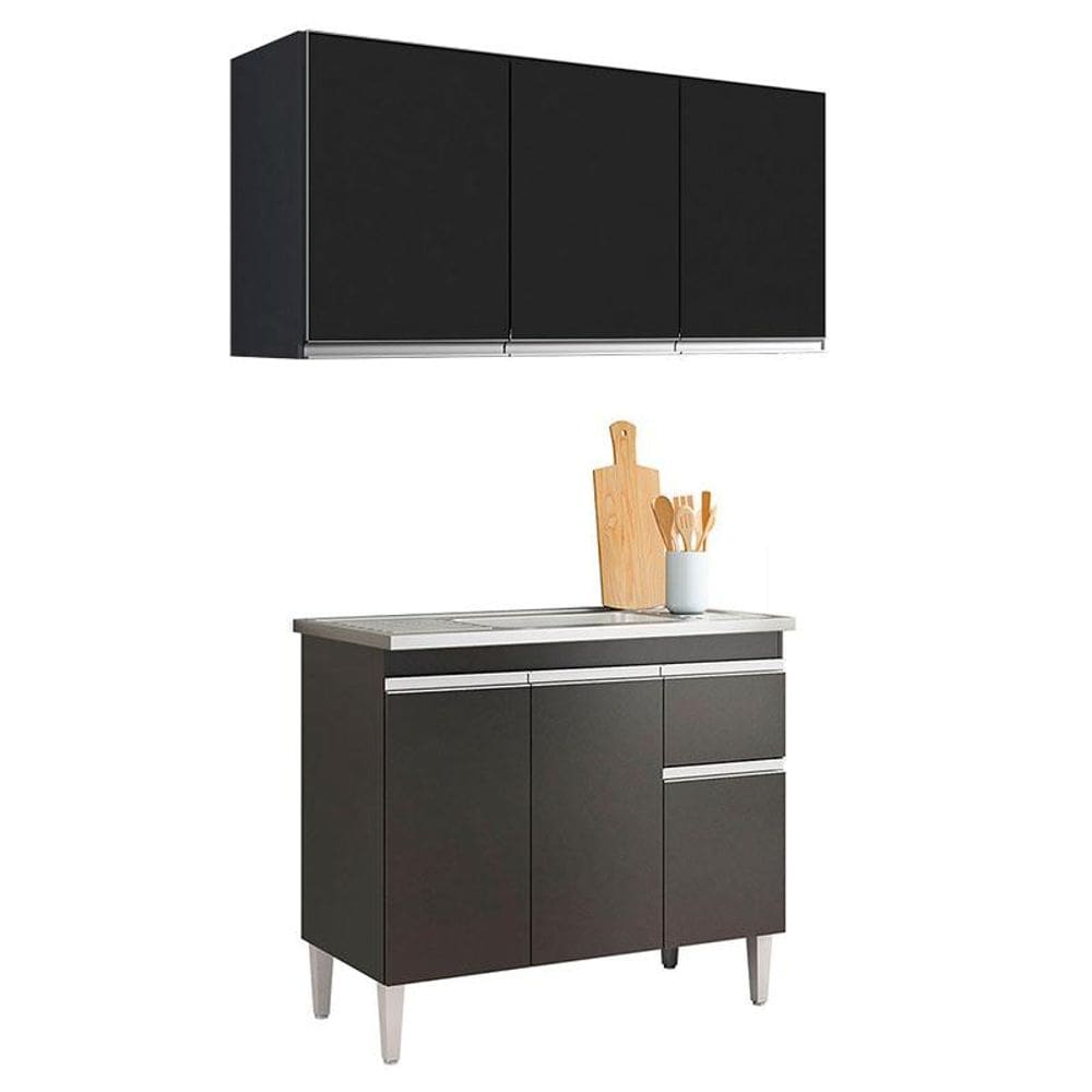 Balcão de Pia Tatiane 100cm e Armário Aéreo Andréia 3 Portas Preto Fosco - AJL