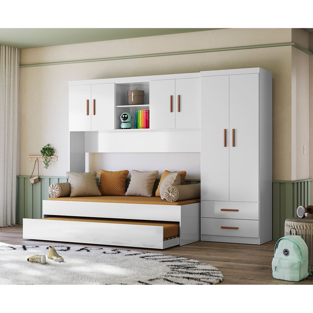 Jogo de Quarto Infantil Ônix com Cama Auxiliar e Guarda-Roupa Conjugado Branco - Peternella