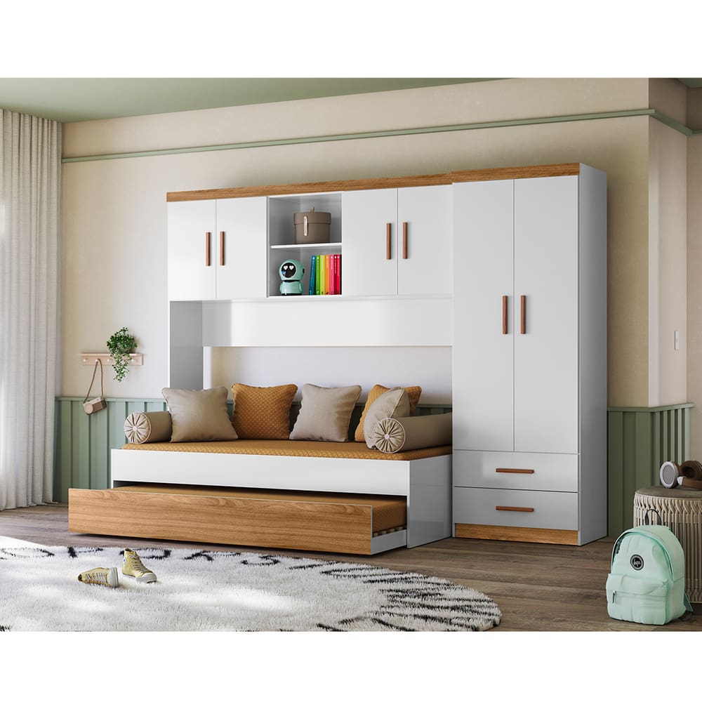Quarto Infantil Ônix com Roupeiro 02 Portas, Módulo Aéreo e Cama com Auxiliar Branco/nature - Petern