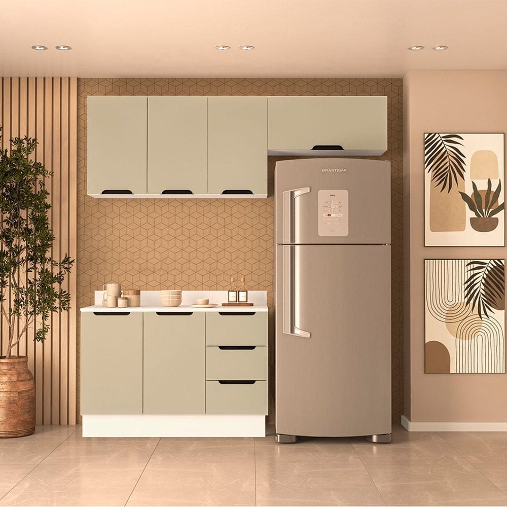 Cozinha Completa 3 Peças 224,5x200cm Meena Branco/Verde Oliva