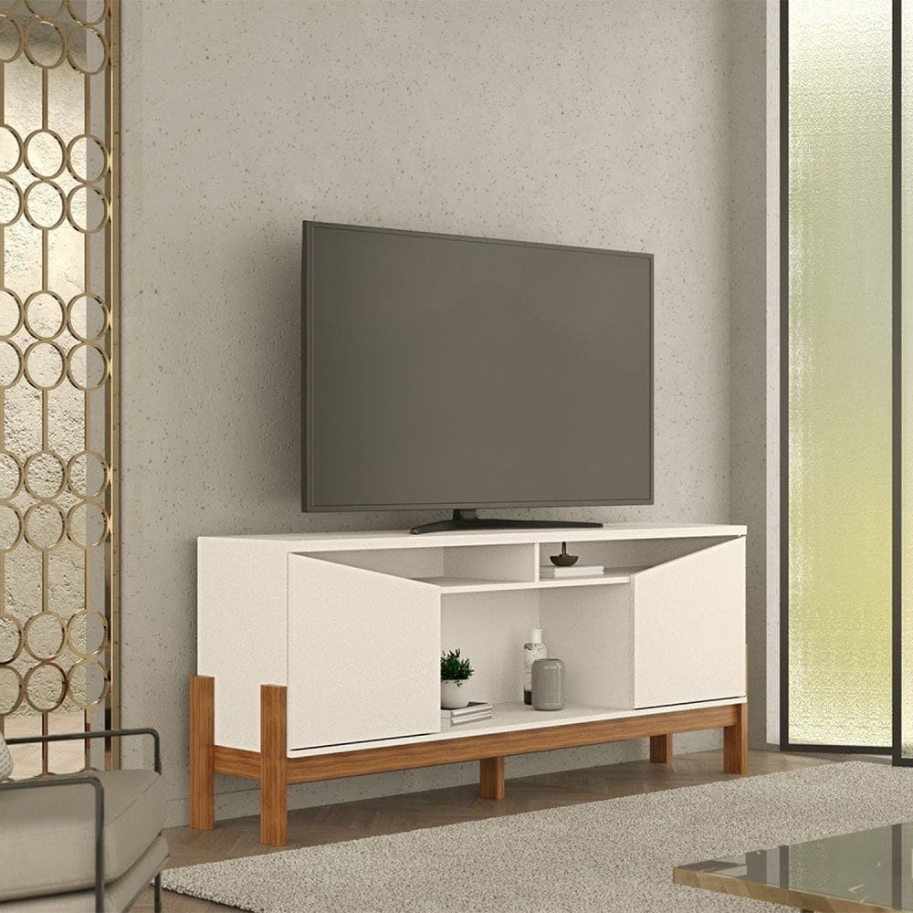 Rack para Tv até 70 Polegadas 2 Portas Bancada Charlotte 1.65 Pérola Metalizado/Cinamomo Mel