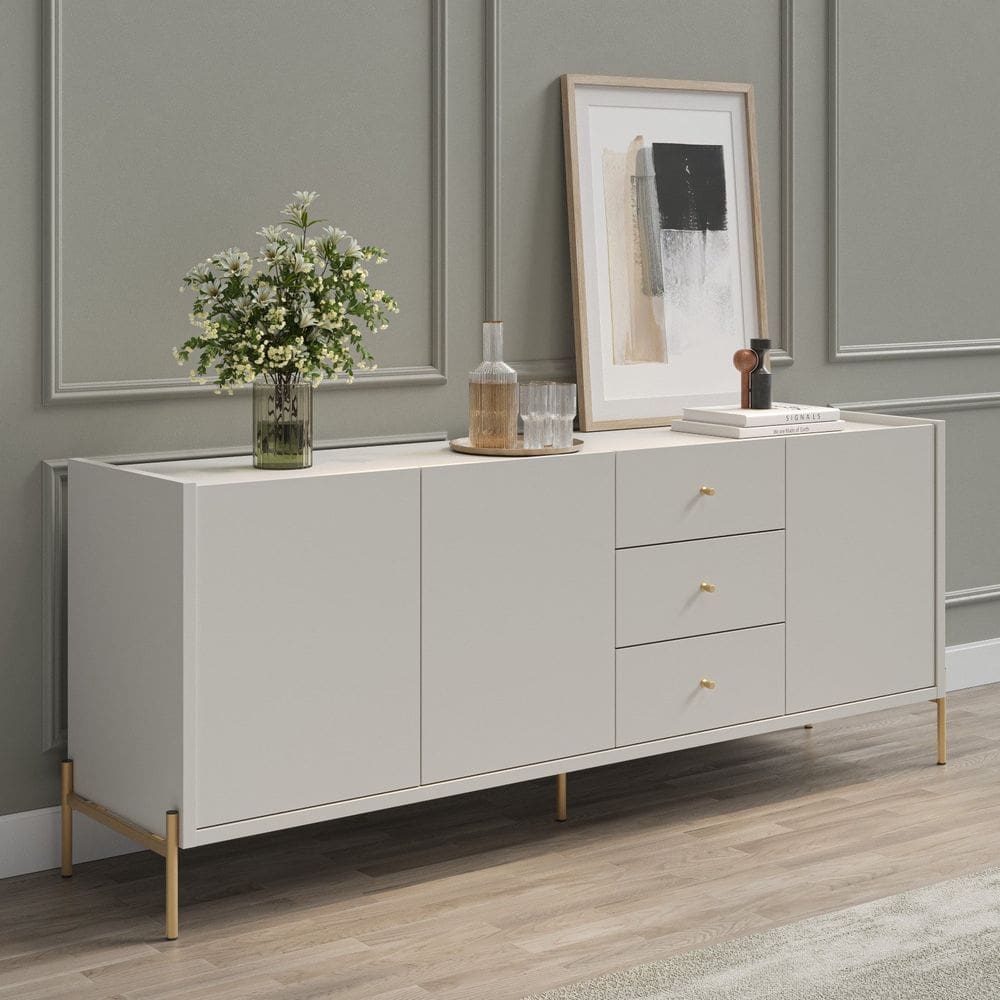 Buffet Moderno com Gavetas e Pés de Aço Jasper Off White Fosco/Dourado