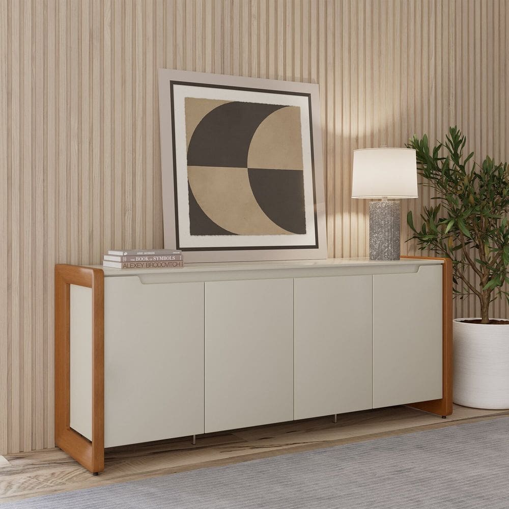 Buffet para Sala de Jantar 180 Cm com Laterais em Madeira e Gavetas Internas Bristol Off White Fosco/Natural