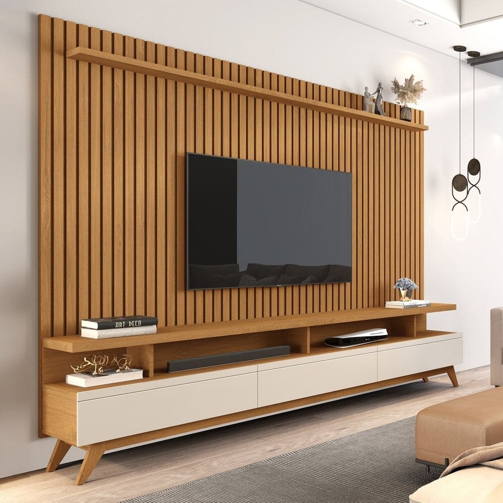 Rack com Painel para Tv 86 Polegadas Pés em Madeira Maciça Vivare Marrom/Off White