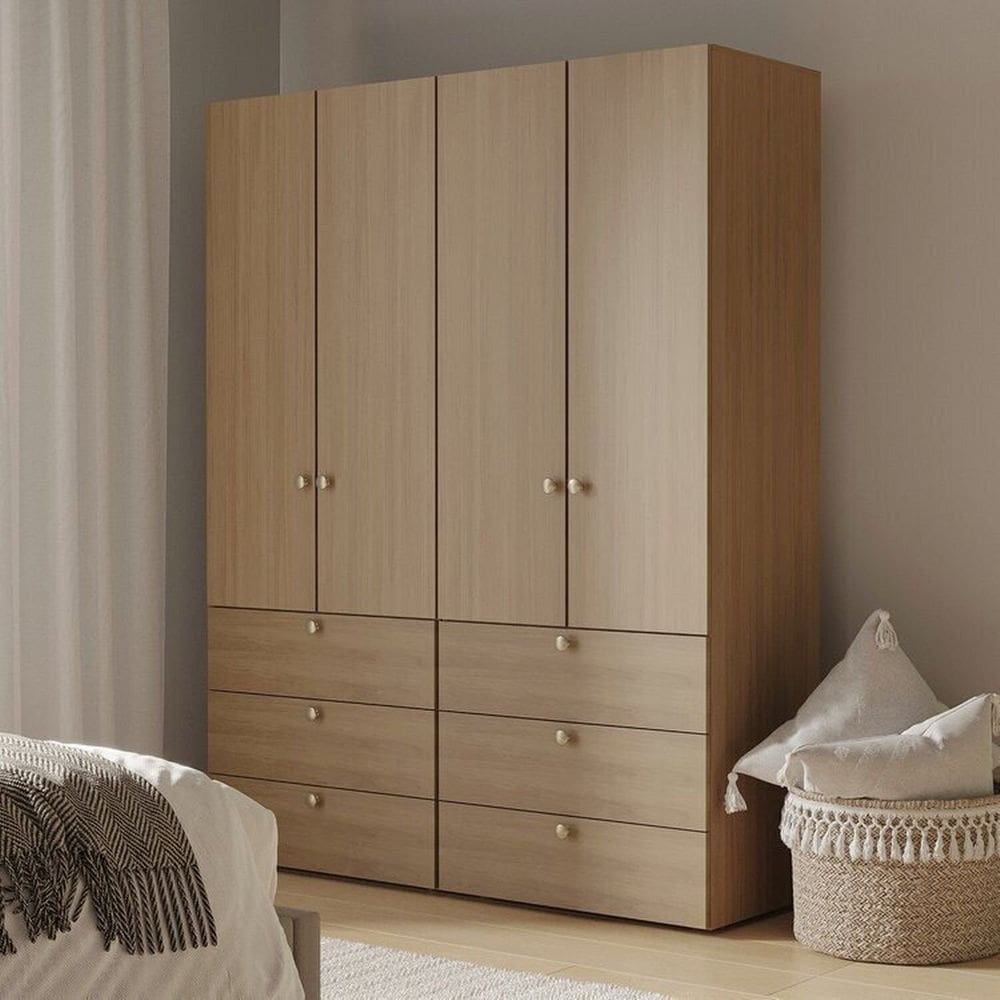 Guarda-roupa 2 Módulos 4 Portas 6 Prateleiras 6 Gavetas Frame Cabecasa madeiramadeira Acácia