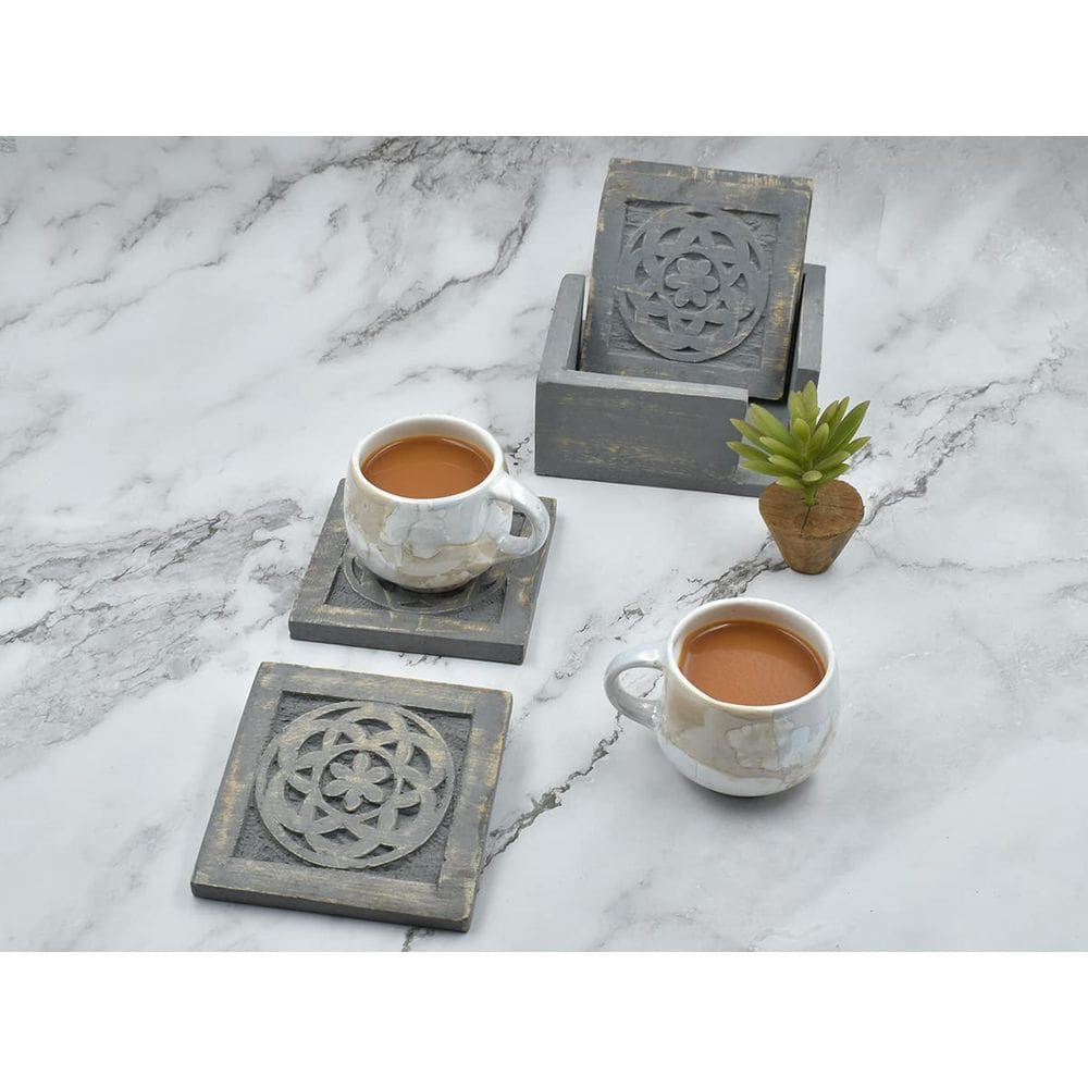 Coasters STORE INDYA, quadrado de madeira com suporte, conjunto de 4 unidades cinzentas