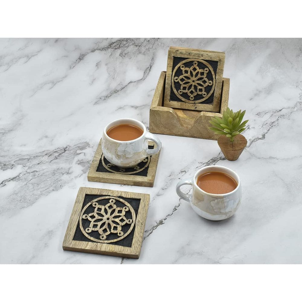 Coasters STORE INDYA, quadrado de madeira com suporte, conjunto de 4