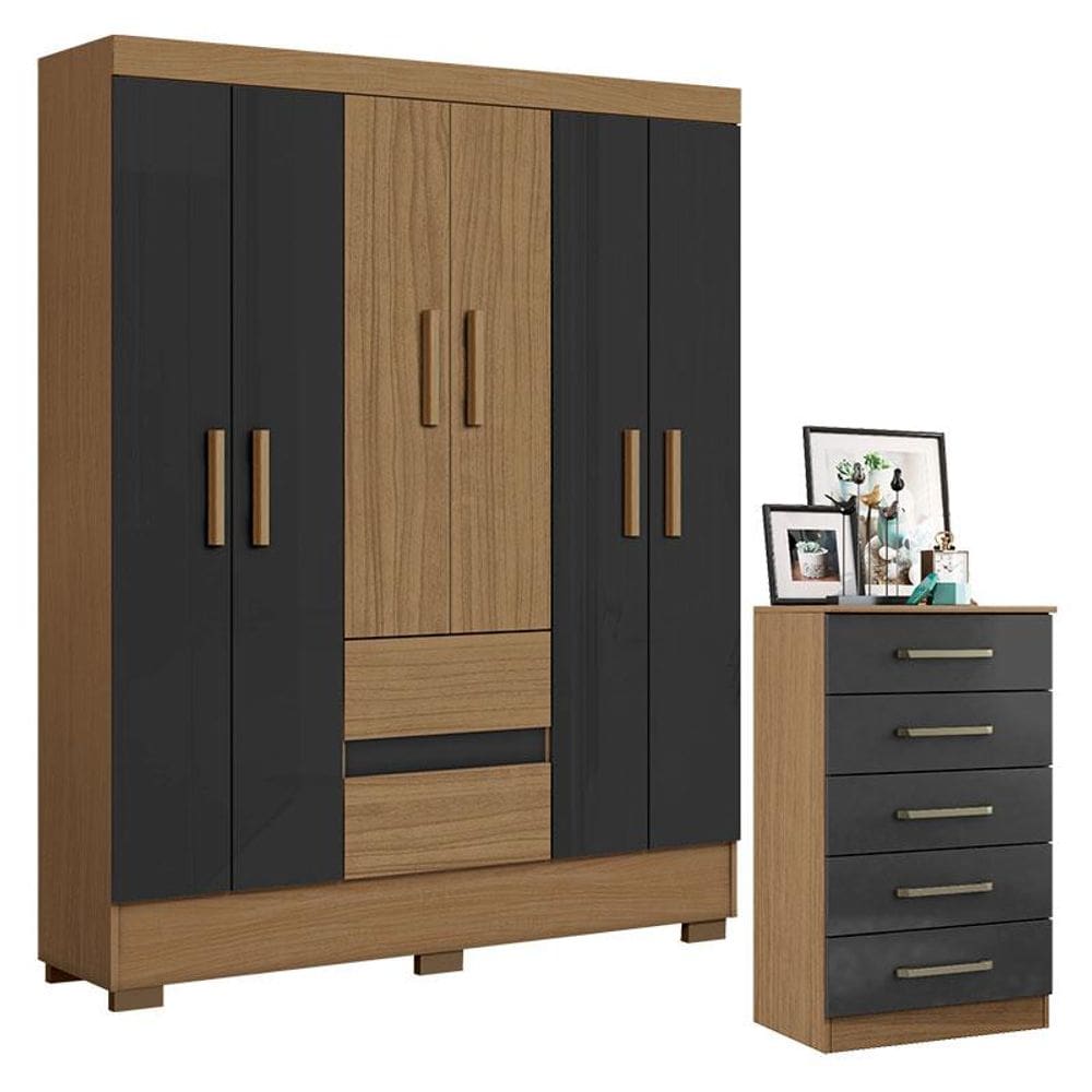 Cômoda 2014140 e Guarda Roupa Casal Coimbra 2005138 Atacama Grafite - Aramóveis