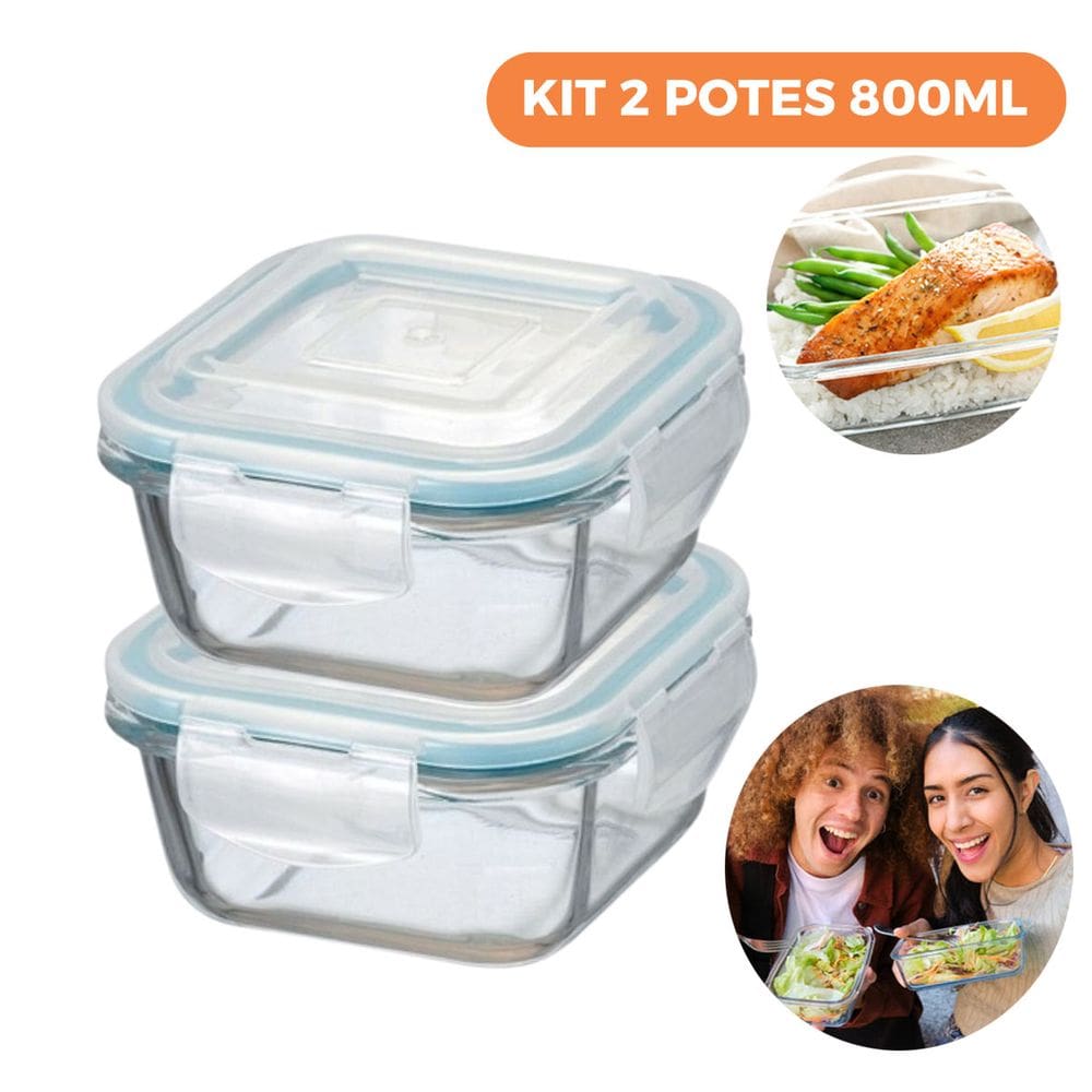 Kit 2 Potes de Vidro Herméticos Quadrados 800ml