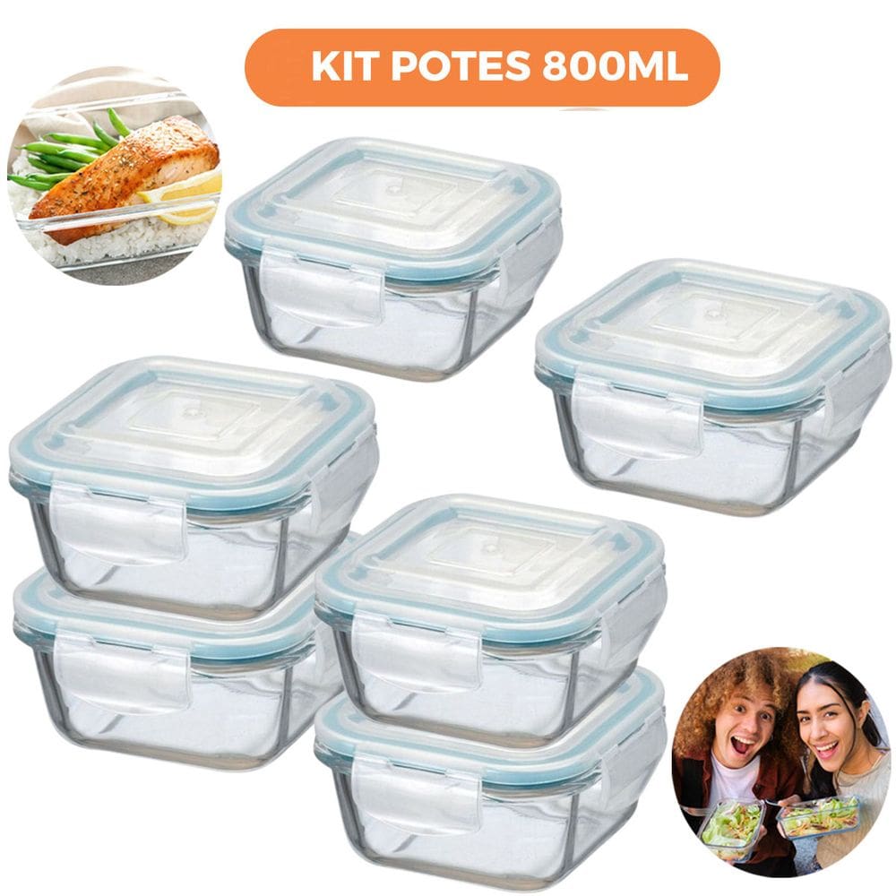 Kit 6 Potes de Vidro Herméticos Quadrados 800ml