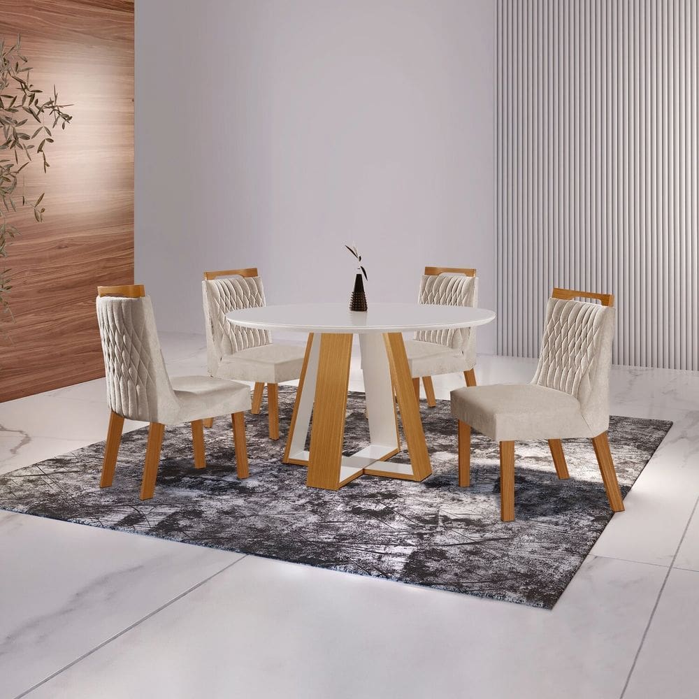 Conjunto Sala Jantar 4 Cadeiras Atena Cinamomo/Bege/Off White
