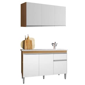 Balcão de Pia Tatiane 120cm e Armário Aéreo Andréia 3 Portas Amêndoa Branco - AJL