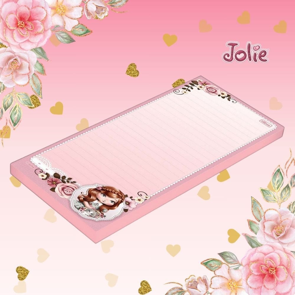 Bloco Tilembrete Grande Jolie 50 Folhas Pautado Decorado 82x209mm - Tilibra | Papelaria | Anotação | Fofo | Escolar