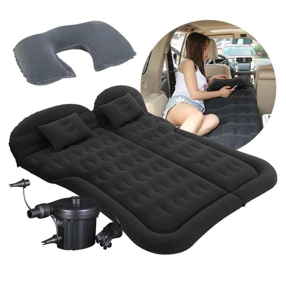 Colchão Cama Aveludada Inflável Para Viagem Suv Carro Com Bomba Elétrica 12v E Almofada De Pescoço Vg Plus Preto