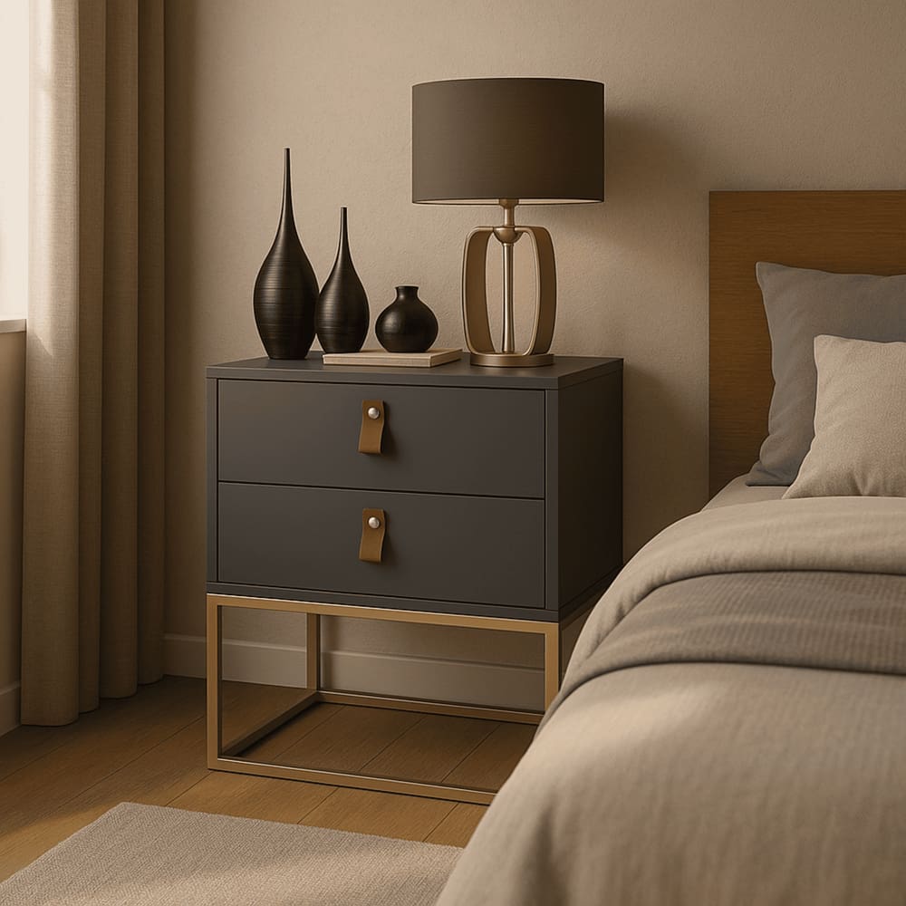 Mesa De Cabeceira Unic 45 Cinza Base Metalica Dourada