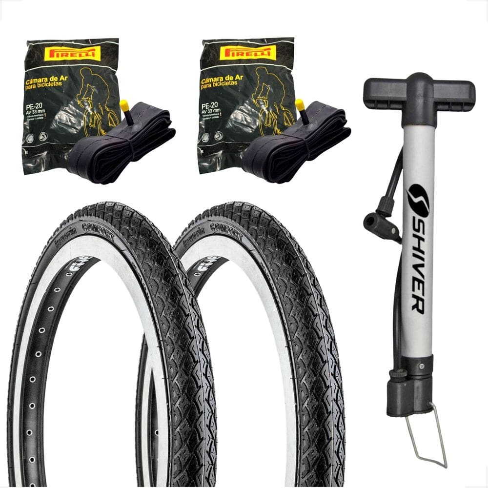 Par Pneu Bicicleta Levorin Comfort Balão Aro 20 x 1.75 Liso + Par Camara Pirelli + Bombinha de ar
