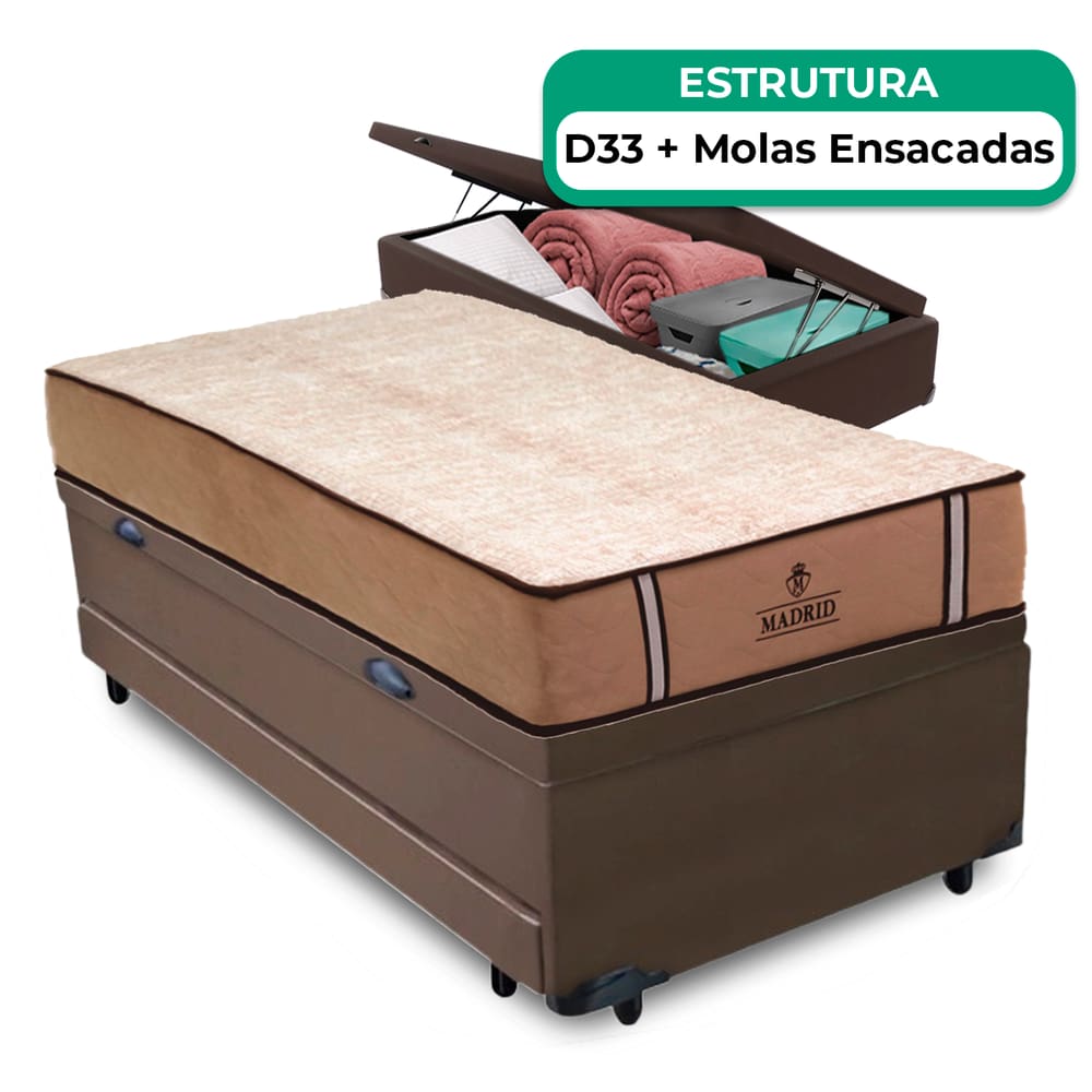 Bicama Baú Solteiro E Colchão Madrid Molas Vstore 78x188x28