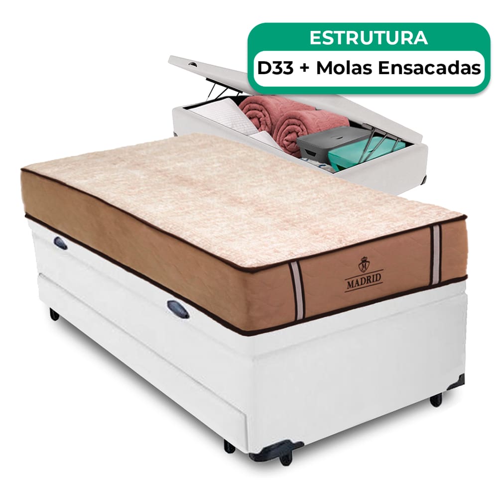 Bicama Baú Solteirão E Colchão Madrid Molas Vstore 96x188x28