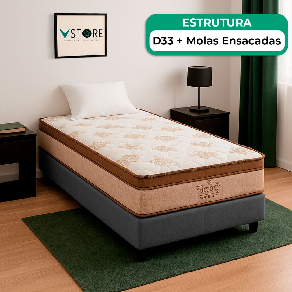 Cama Box Cinza e Colchão Victory Molas Vstore 78x188x30