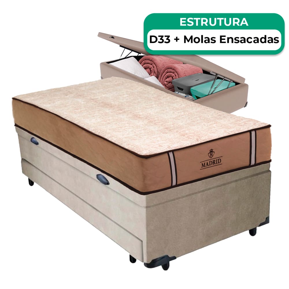 Bicama Baú Solteirão E Colchão Madrid Molas Vstore 96x188x28