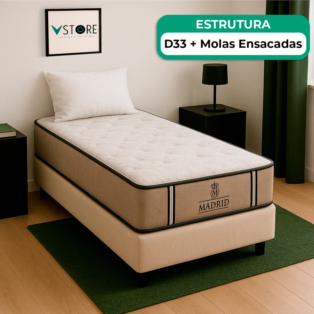 Cama Box Solteirão Bege Colchão Madrid  Vstore 96x188x28