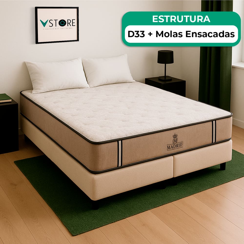 Cama Box King Bege E Colchão Madrid Molas Vstore 193x203x28