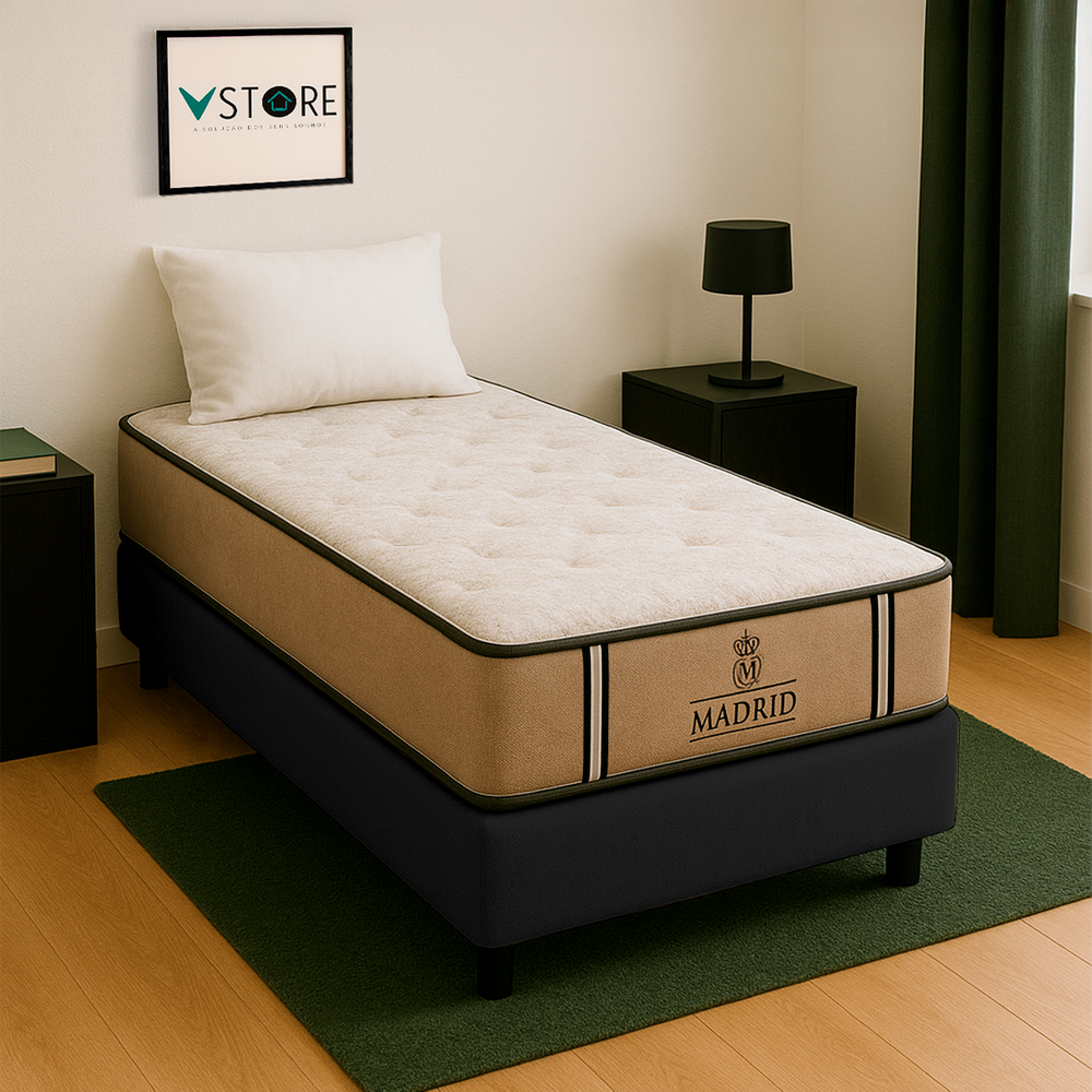 Cama Box Baú Preto E Colchão Madrid Molas Vstore 78x188x28