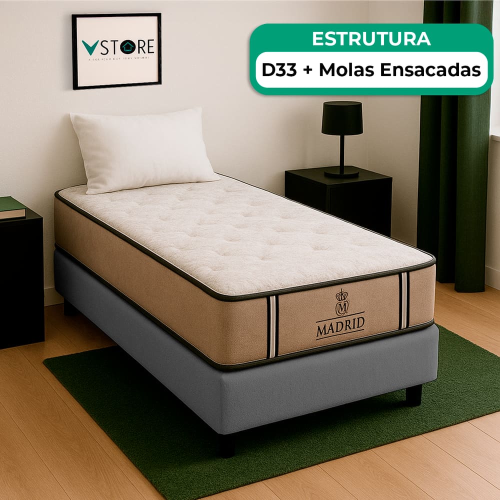 Cama Box Baú Cinza E Colchão Madrid Molas Vstore 78x188x28