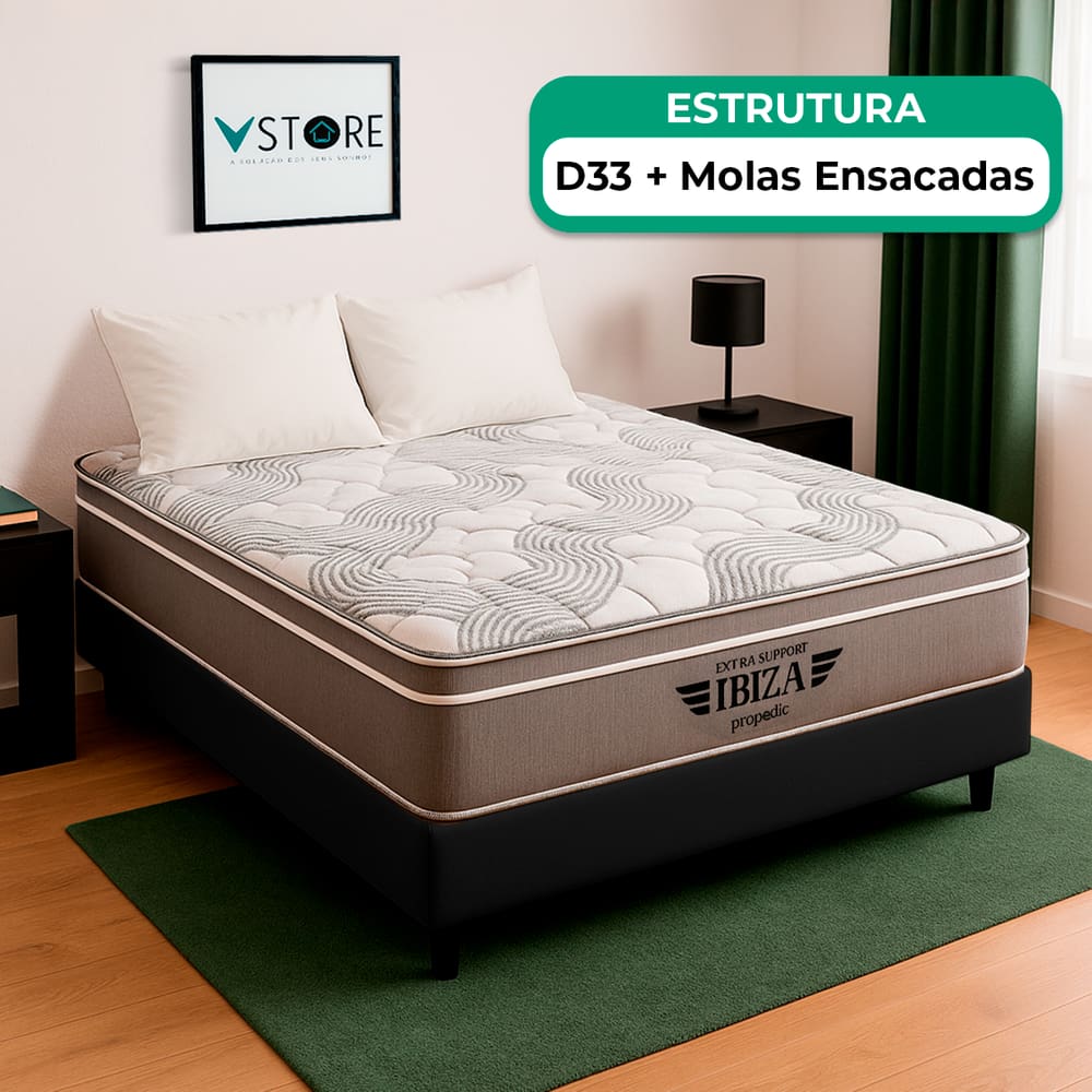 Cama Box Casal Preto e Colchão Ibiza Molas Ensacadas Vstore