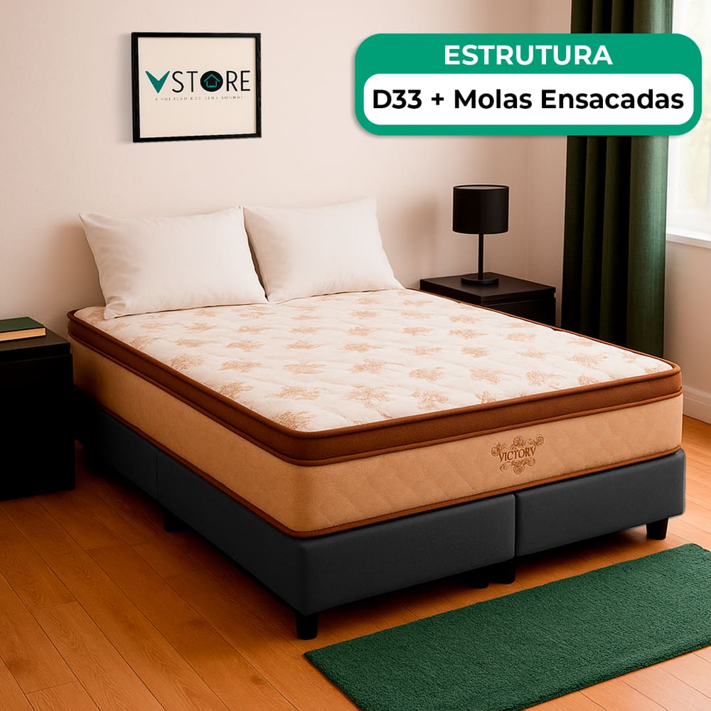Cama Box Baú Queen Cinza e Colchão Four Season Molas Vstore