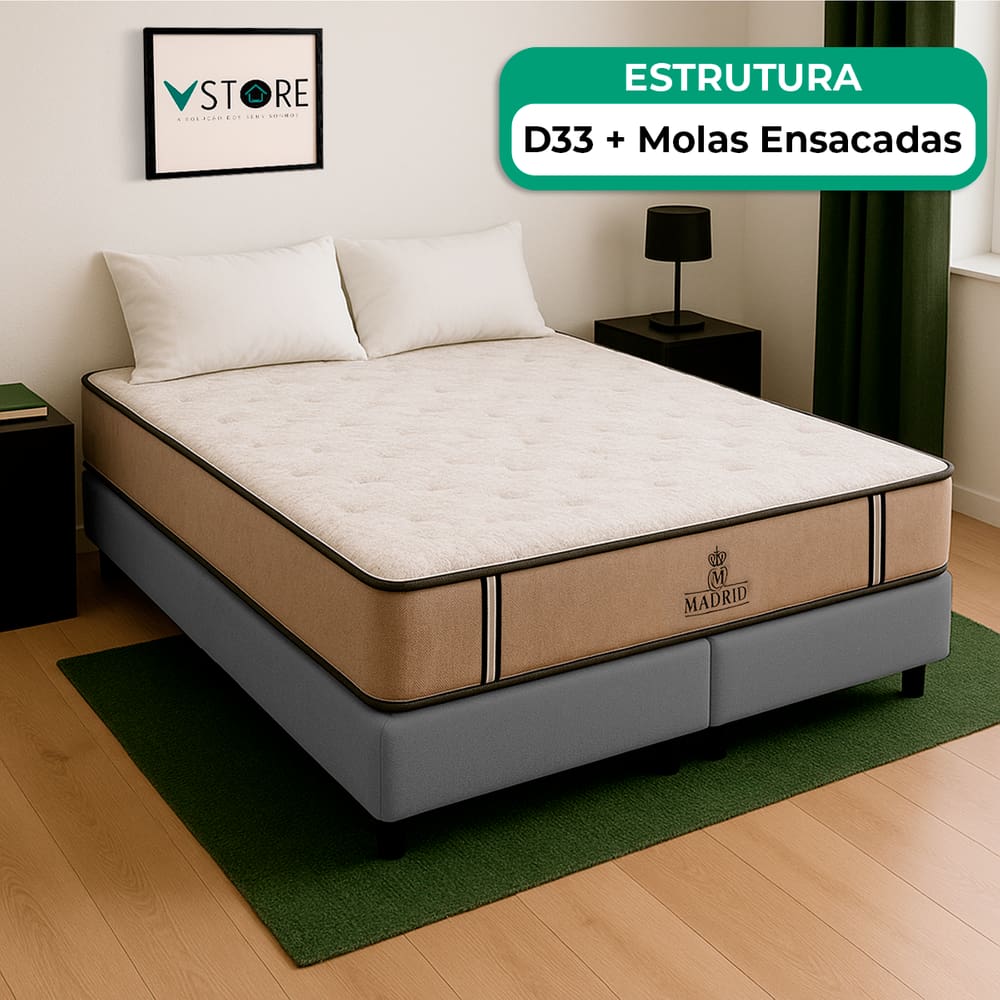 Cama Box Baú Queen Cinza E Colchão Madrid Molas Vstore