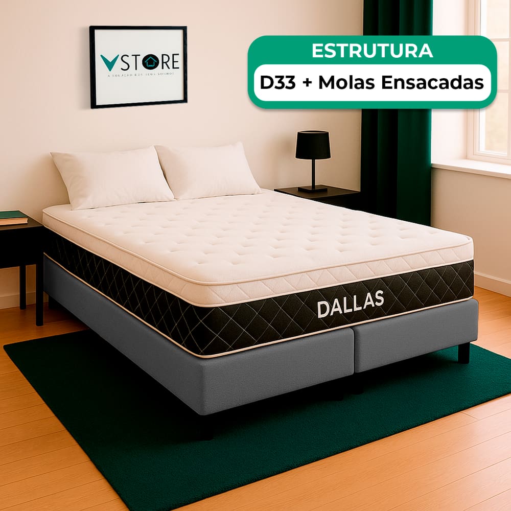 Cama Box Queen Cinza Colchão Dallas Molas Vstore 158x198x20