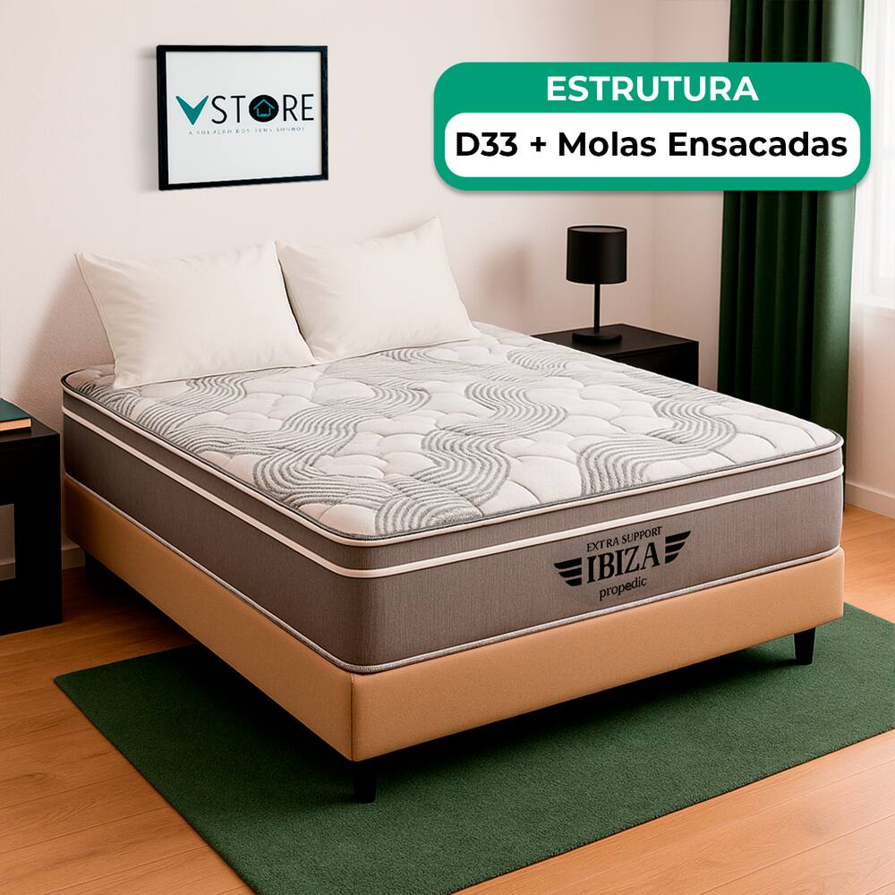Cama Box Casal Bege e Colchão Ibiza Molas Ensacadas Vstore